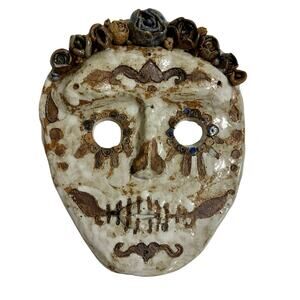 handmade studio Art sugar skull pottery painted folk art. Roses, sculpture/clay